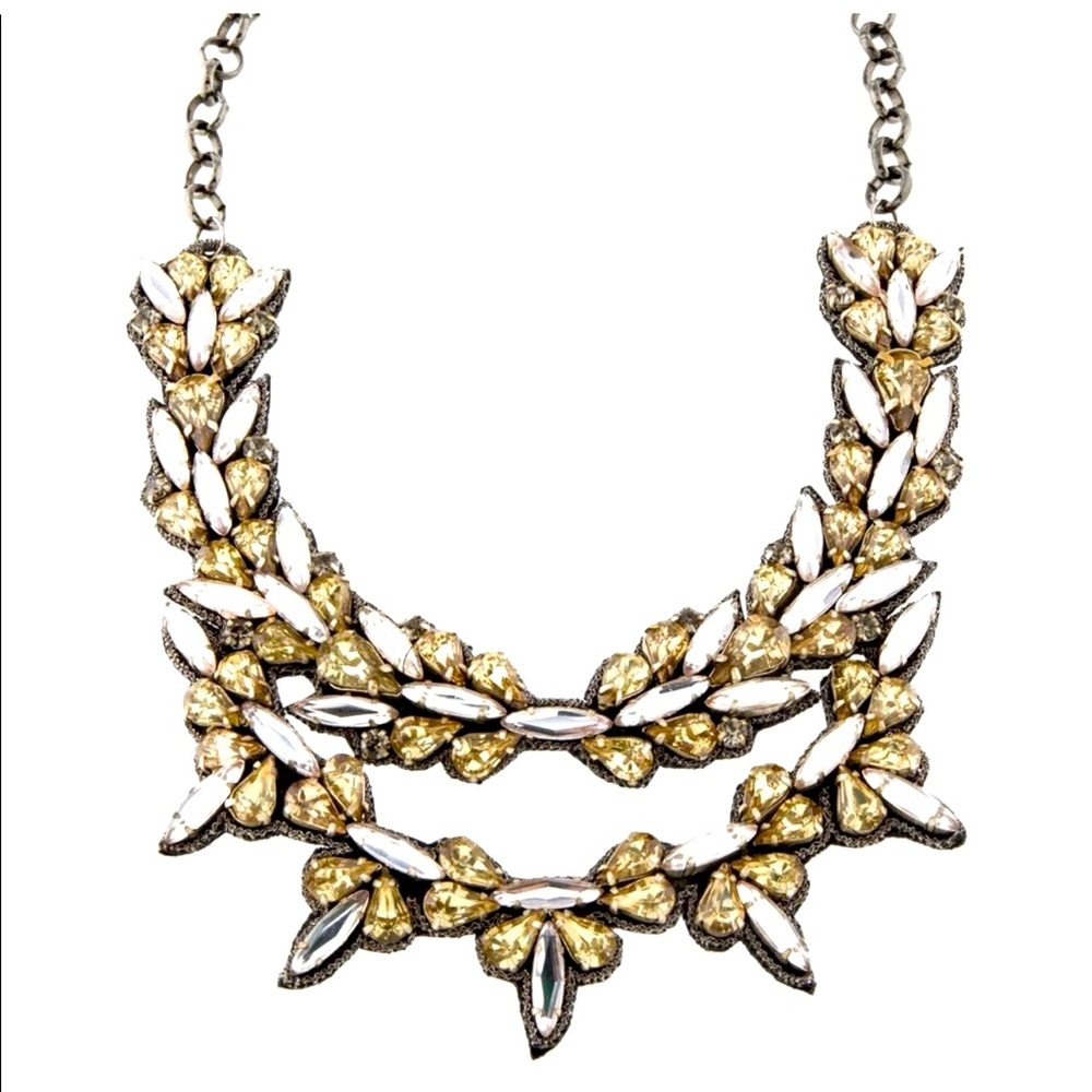 DEEPA GURNANI Aria Rhinestone Gold Amber Gunmetal Suede Embroidered Necklace 19"